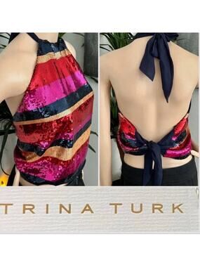 Trina Turk XS Colorful Sparkly Sequin Open Back Halter Top NEW Glam Party